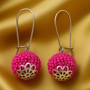2/$30 Women's Silver tone - Kidney Wire Pink Beaded Ball Design Earrings Jewelry